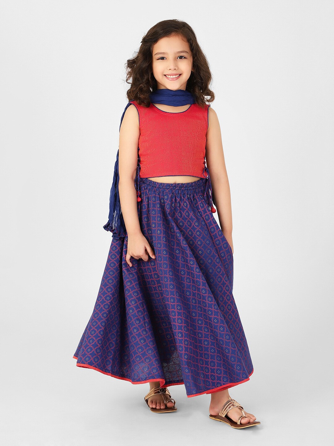 

Fabindia Girls Navy Blue & Red Ready to Wear Lehenga & Blouse With Dupatta