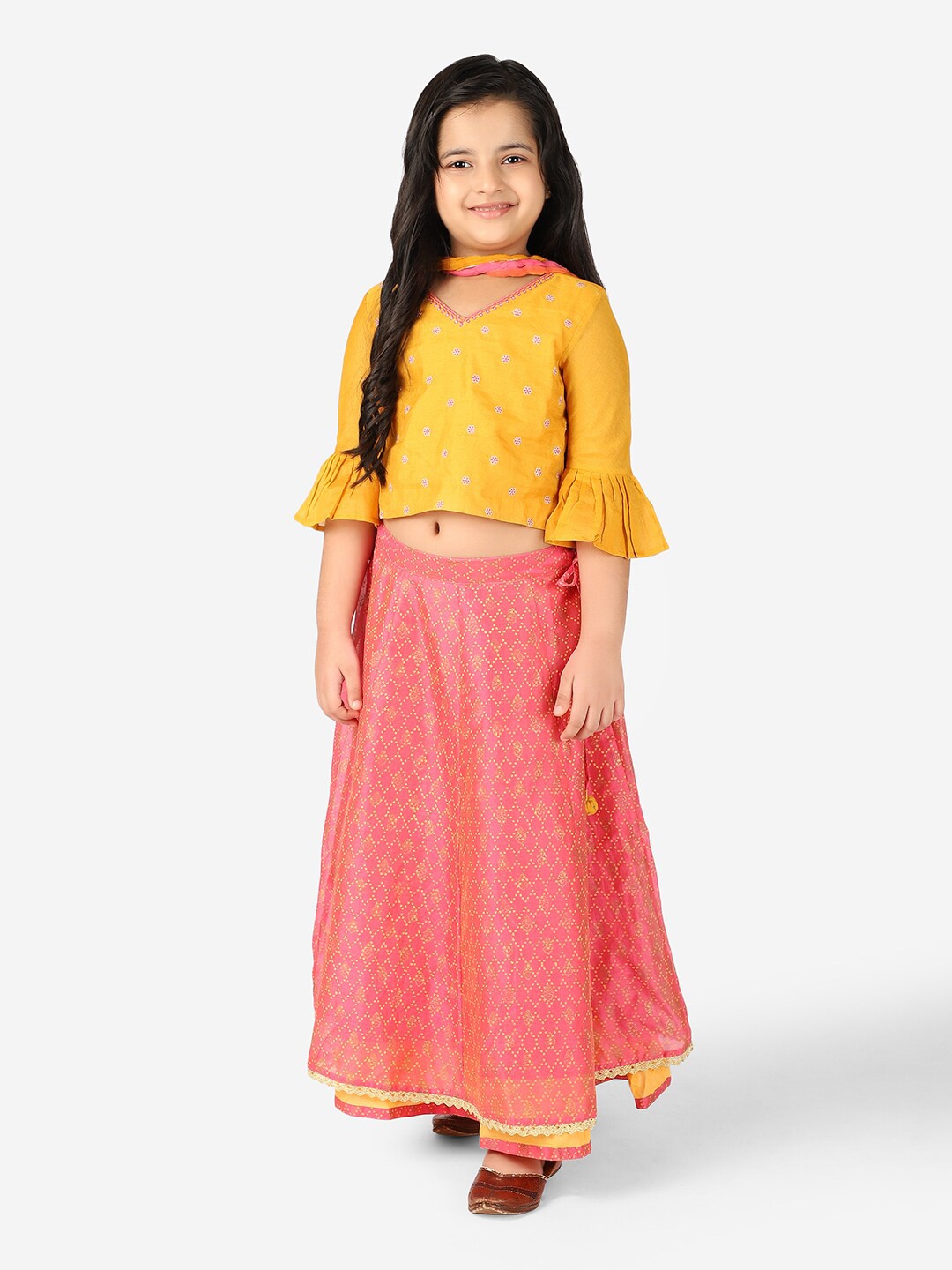 

Fabindia Girls Yellow And Pink Embroidered Cotton Lehenga And Blouse With Dupatta