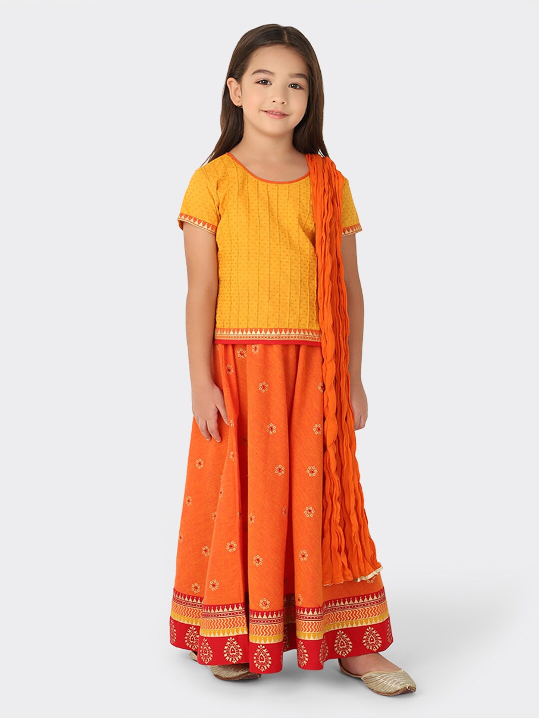 

Fabindia Girls Orange & Yellow Printed Ready to Wear Lehenga & Blouse With Dupatta