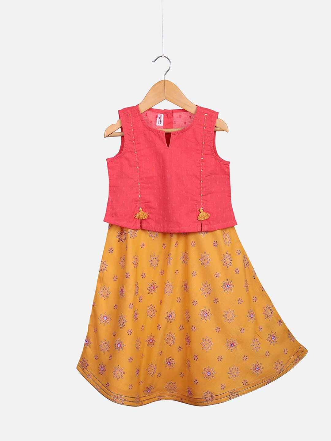 

Fabindia Girls Pink & Yellow Printed Ready to Wear Lehenga