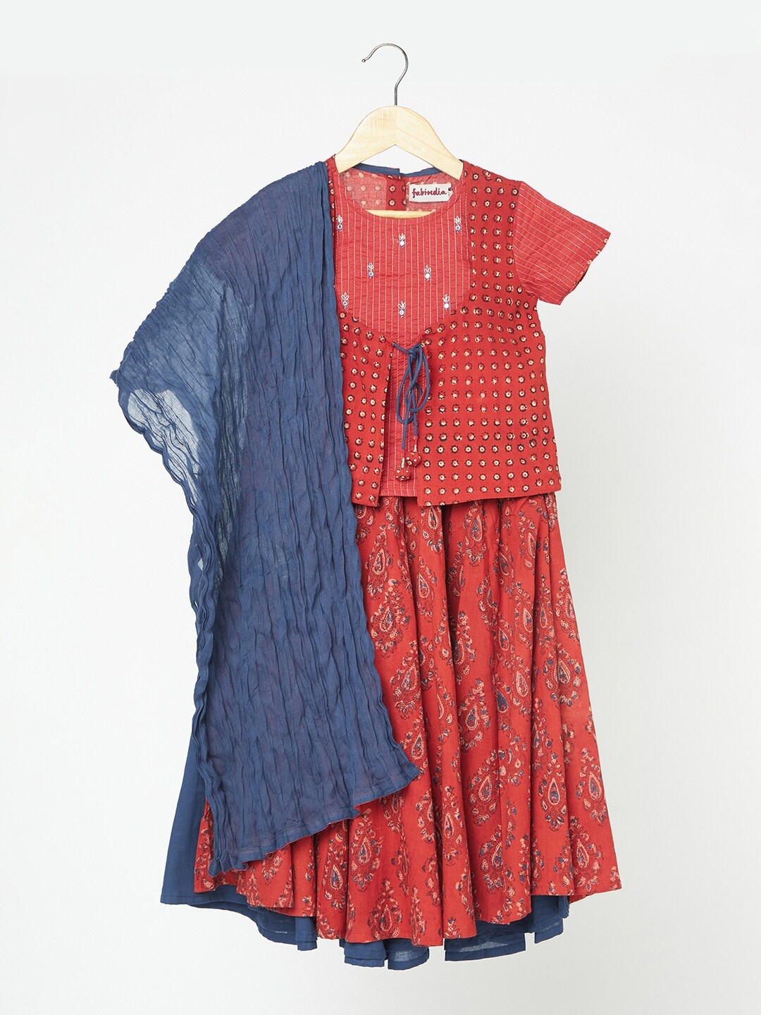 

Fabindia Girls Blue & Red Printed Ready to Wear Lehenga & Blouse With Dupatta