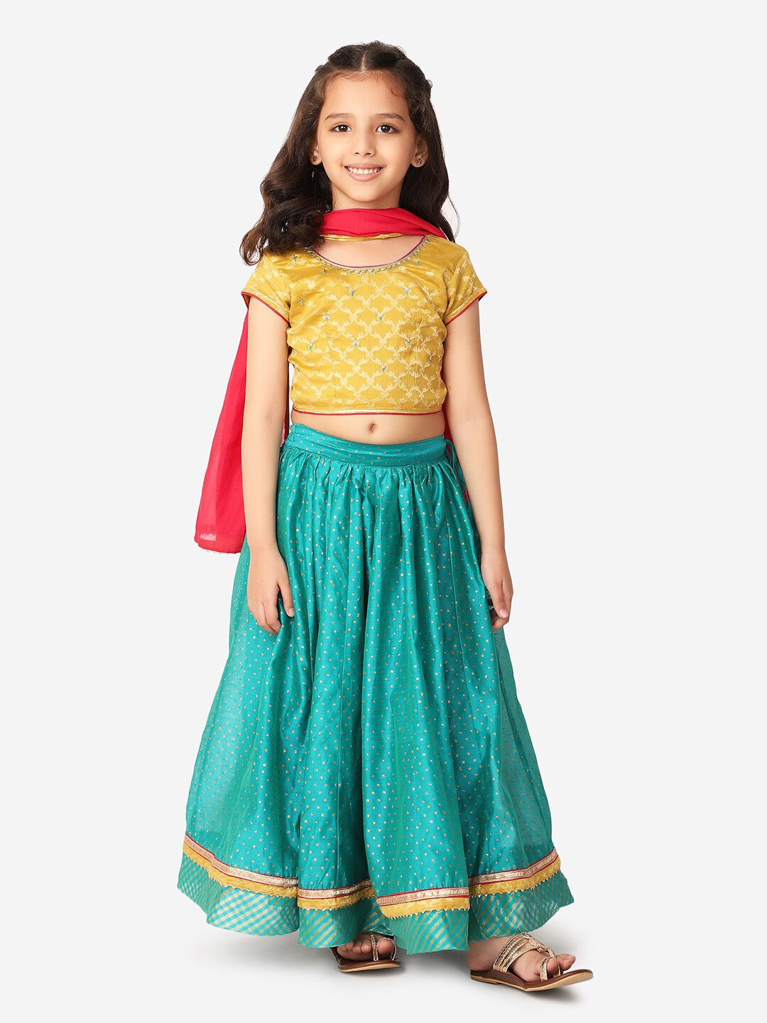 

Fabindia Girls Teal Blue & Gold-Toned Ready to Wear Lehenga & Blouse With Dupatta