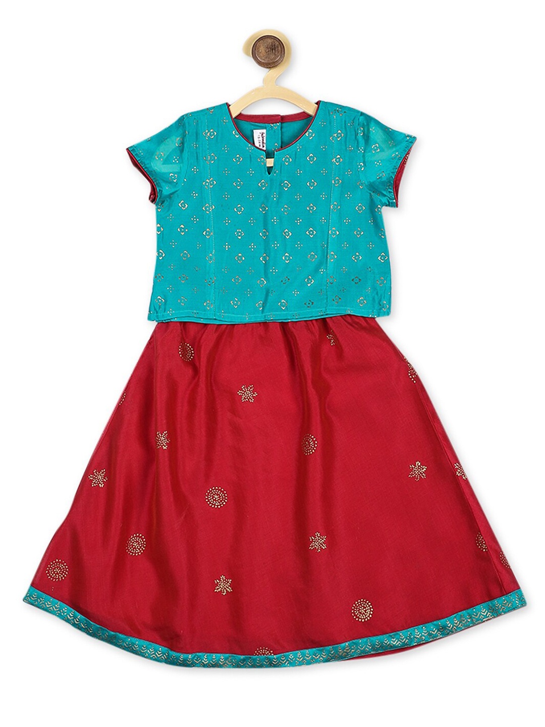 

Fabindia Girls Teal & Red Printed Ready to Wear Lehenga & Choli