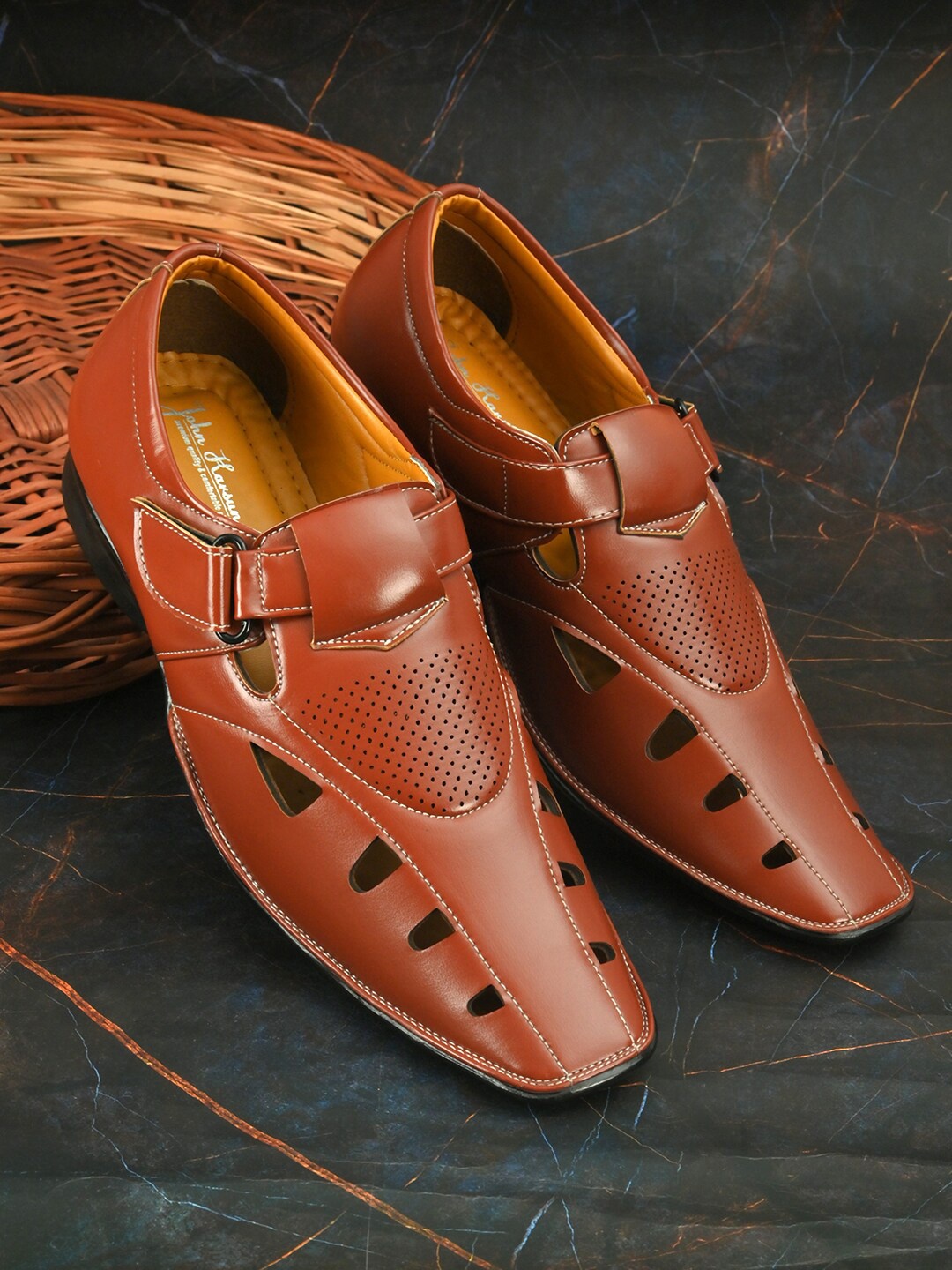 

John Karsun Men Tan Synthetic Leather Shoe Style Sandals