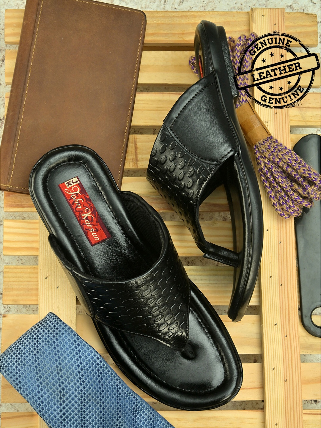 

John Karsun Men Black Leather Comfort Sandals