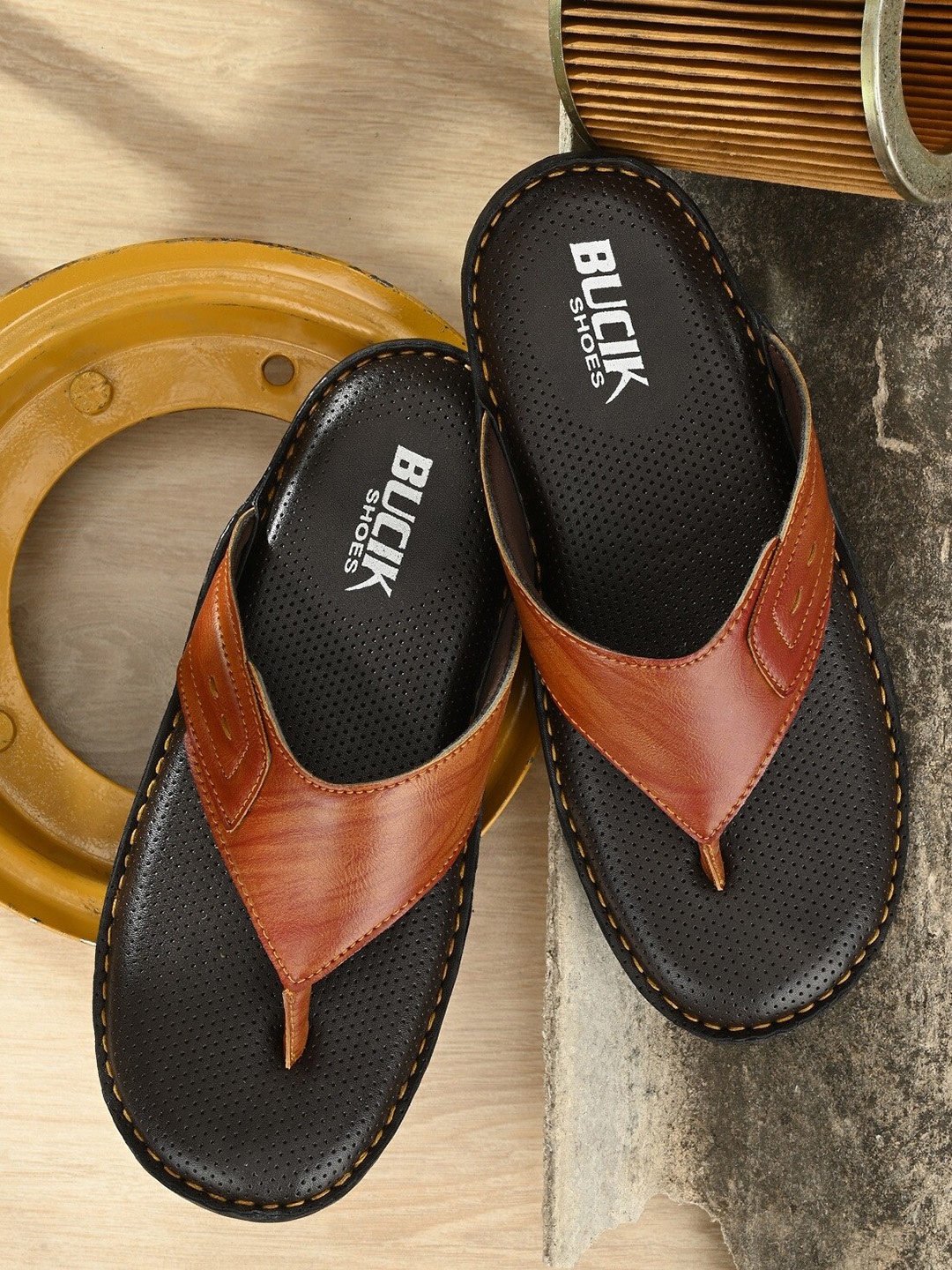 

BUCIK Men Tan Synthetic Leather Comfort Sandals