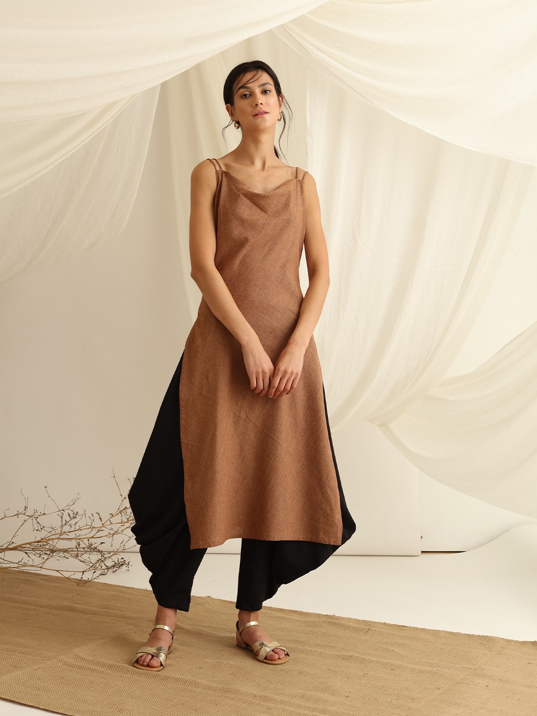 

blue hour Women Brown Strappy Cowl Neck Pure Cotton Kurta