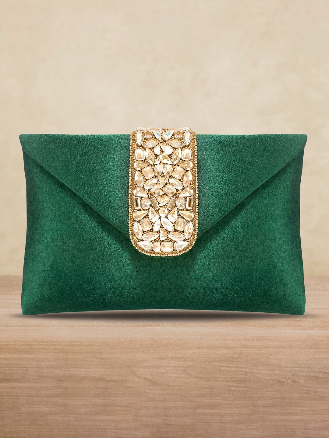 

Peora Green & Gold-Toned Embellished Buckle Detail Purse Clutch