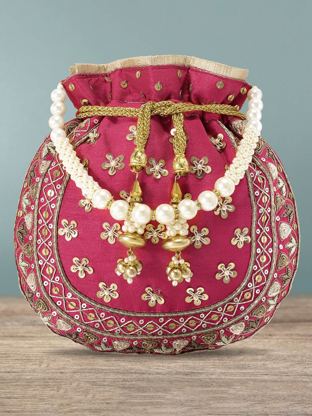 

Peora Magenta & Gold-Toned Embroidered Embellished Potli Purse