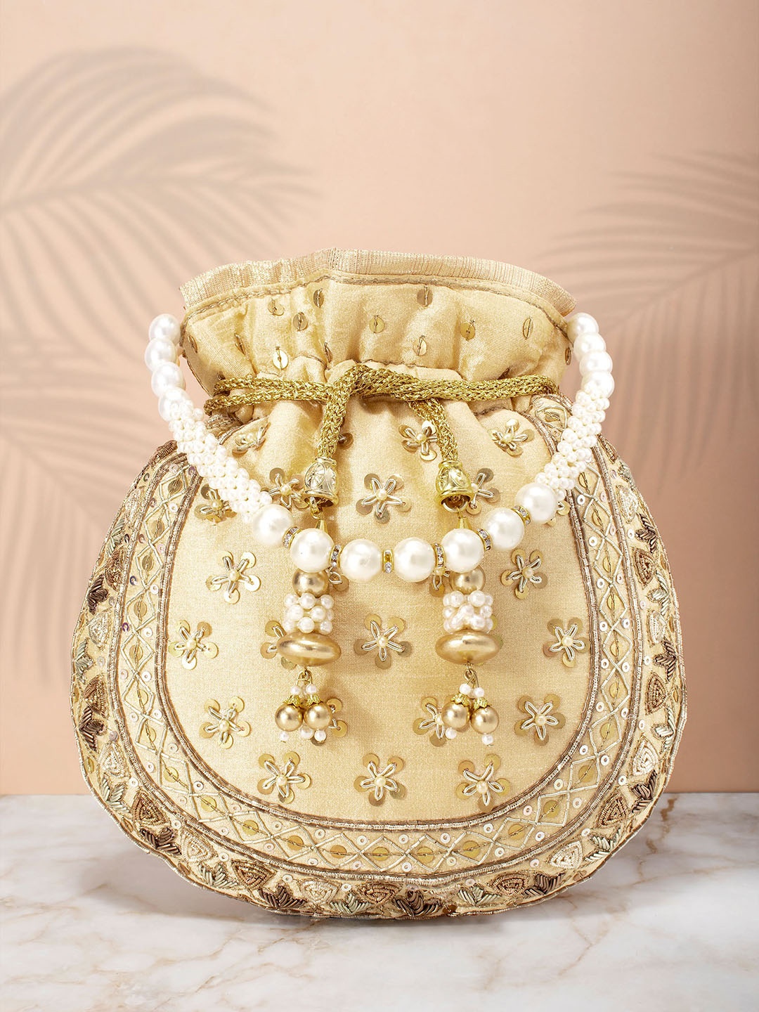 

Peora Cream-Coloured & Gold-Toned Embellished Potli Clutch