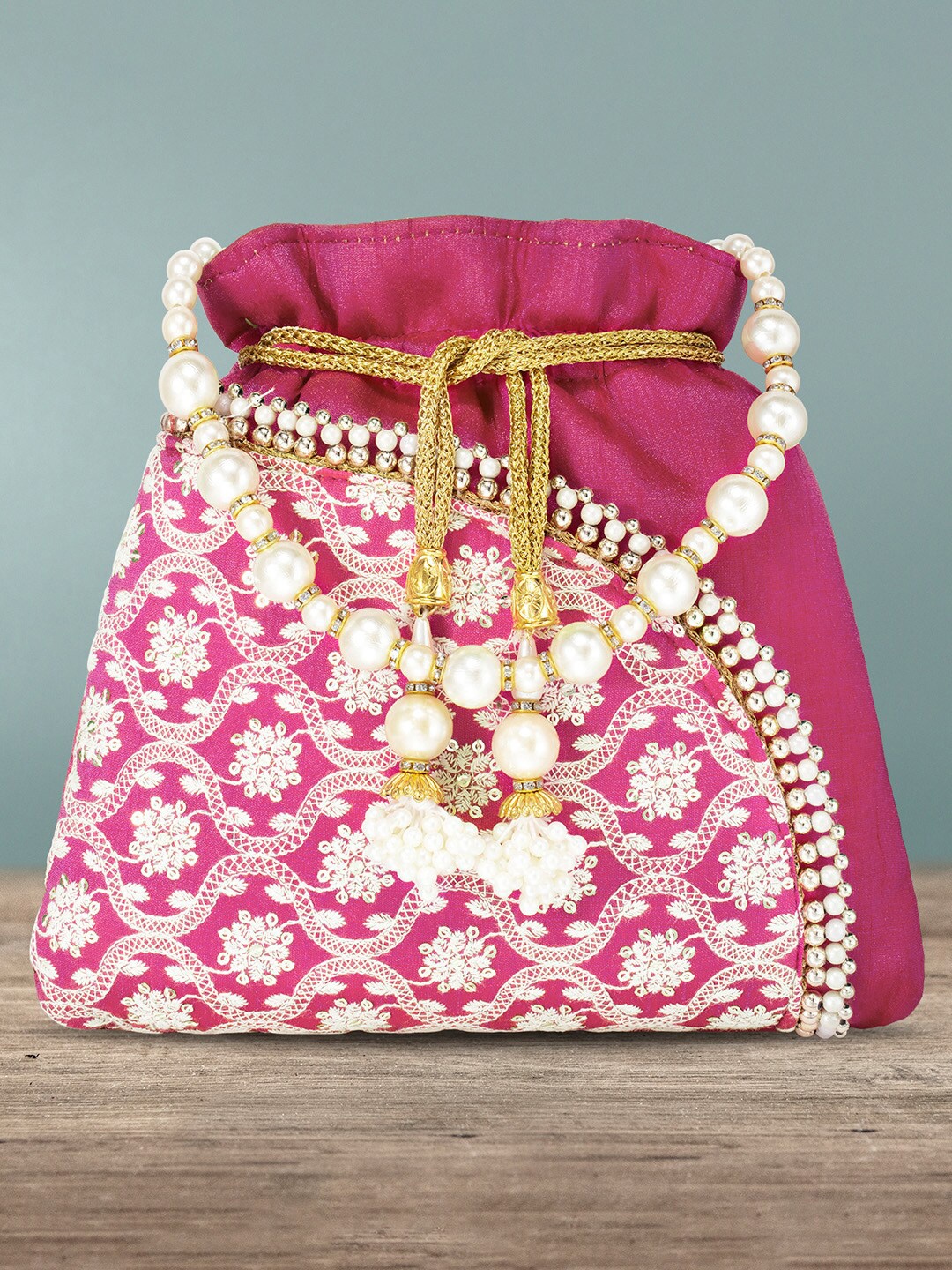 

Peora Magenta & Gold-Toned Embellished Potli Clutch