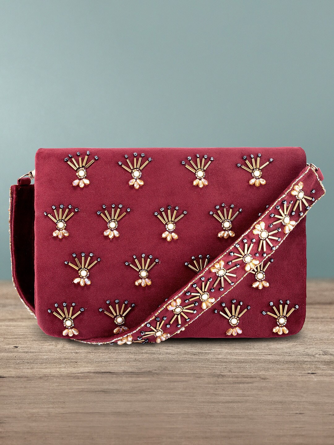 

Peora Women Maroon & Gold-Toned Embellished Purse Clutch