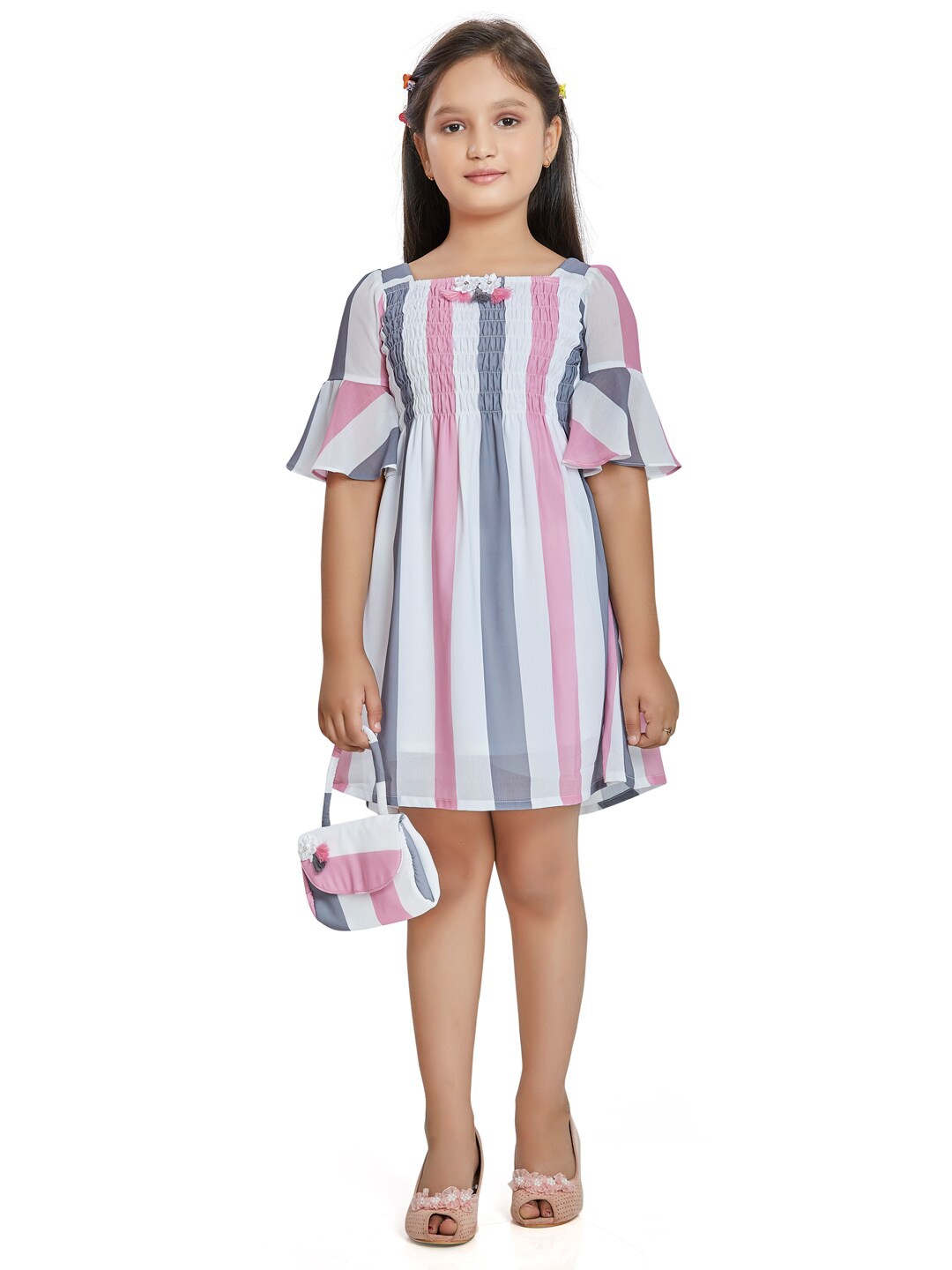 

Peppermint Girls White & Pink Striped Satin A-Line Dress