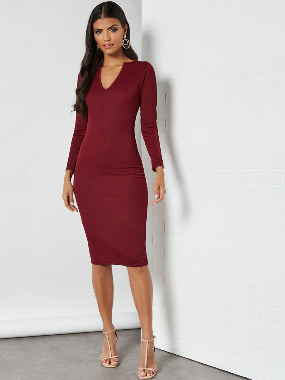 

Femme Luxe Women Maroon Solid Bodycon Midi Dress