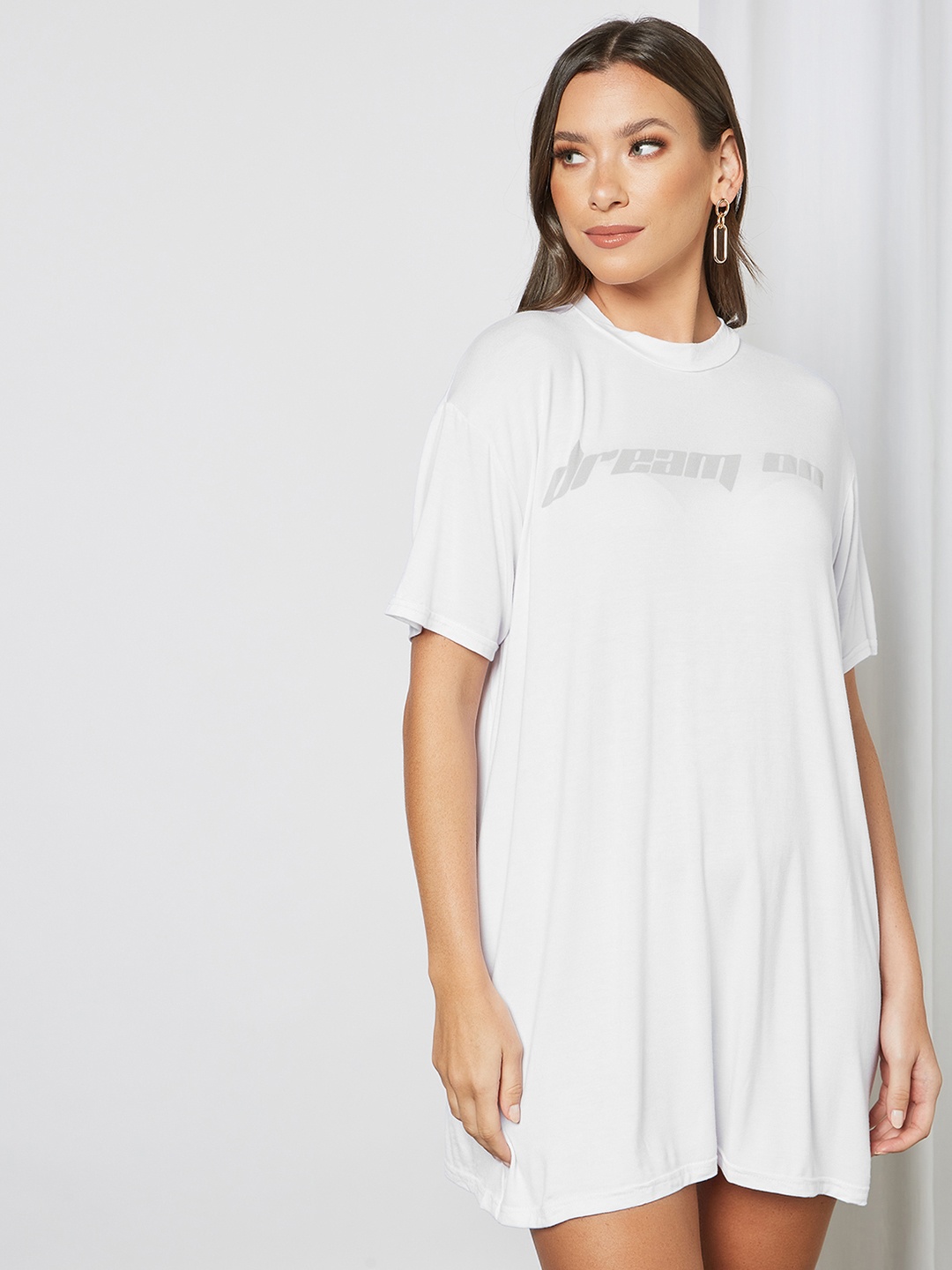 

Femme Luxe Women White Typography Printed T-shirt Dress