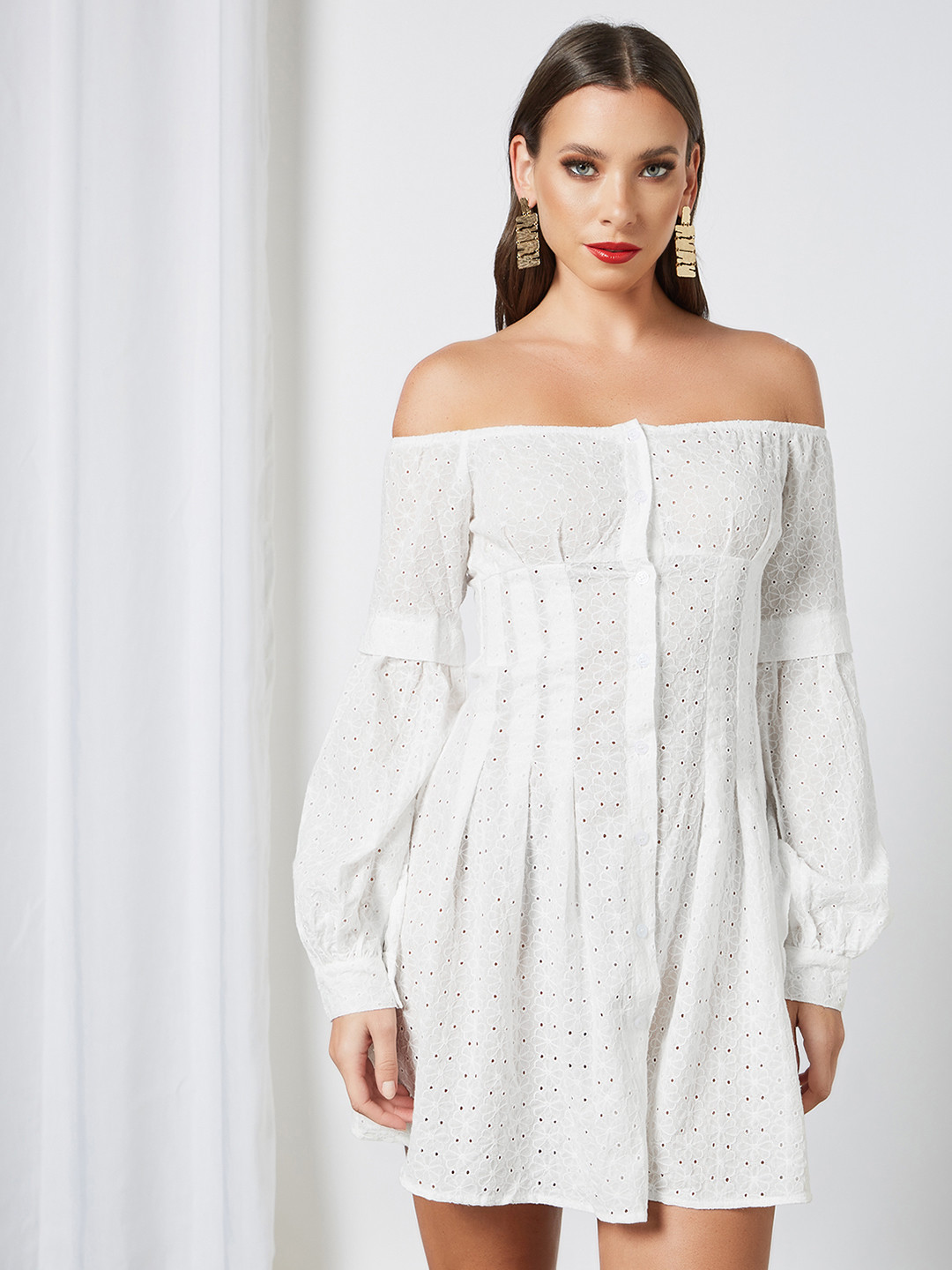 

Femme Luxe Women White Schiffli Off-Shoulder A-Line Mini Dress