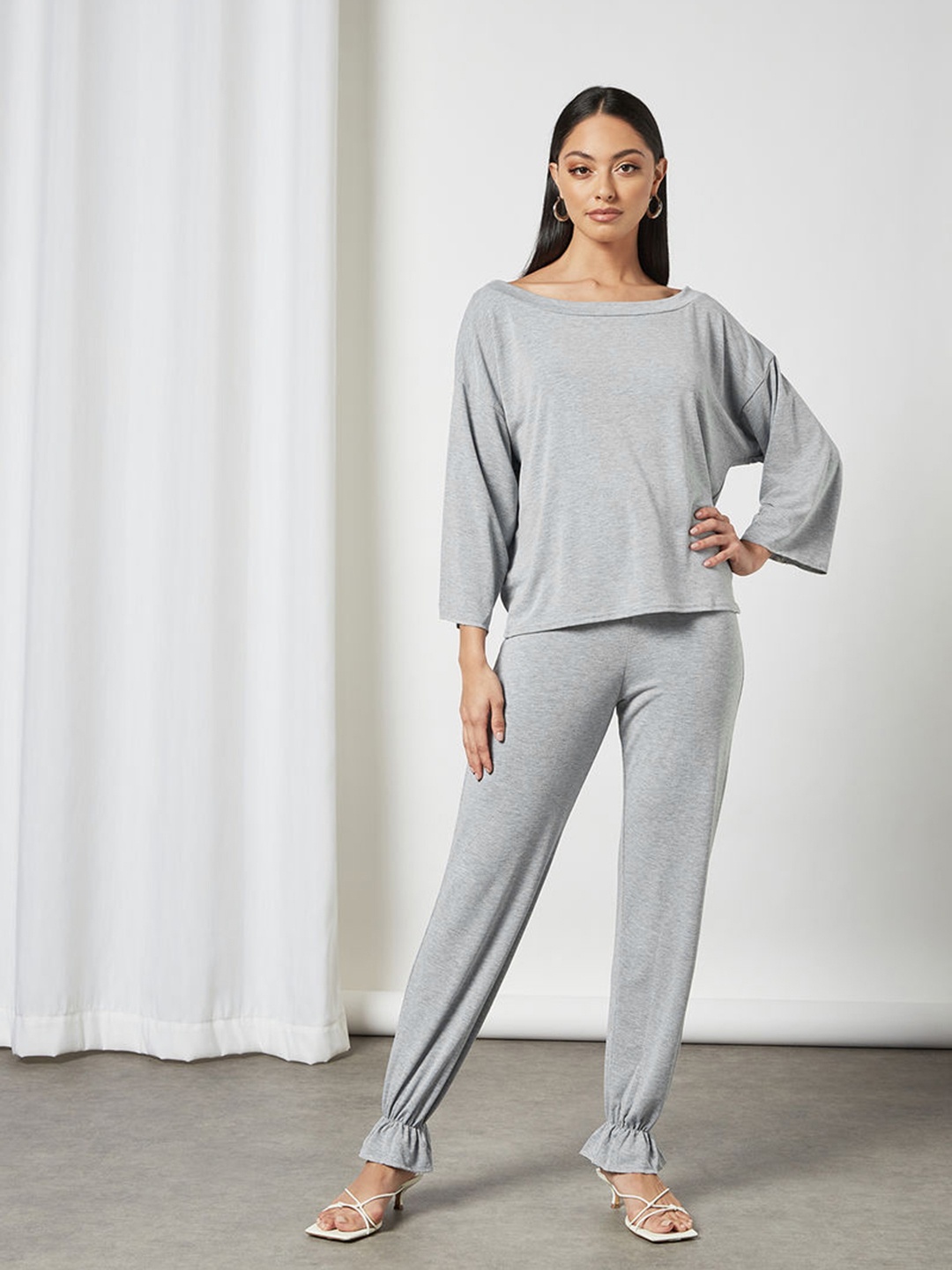 

Femme Luxe Women Grey Melange Solid Co-Ord Set