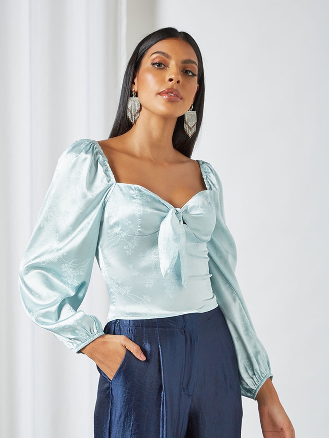 

Femme Luxe Blue Floral Print Tie-Up Neck Satin Top