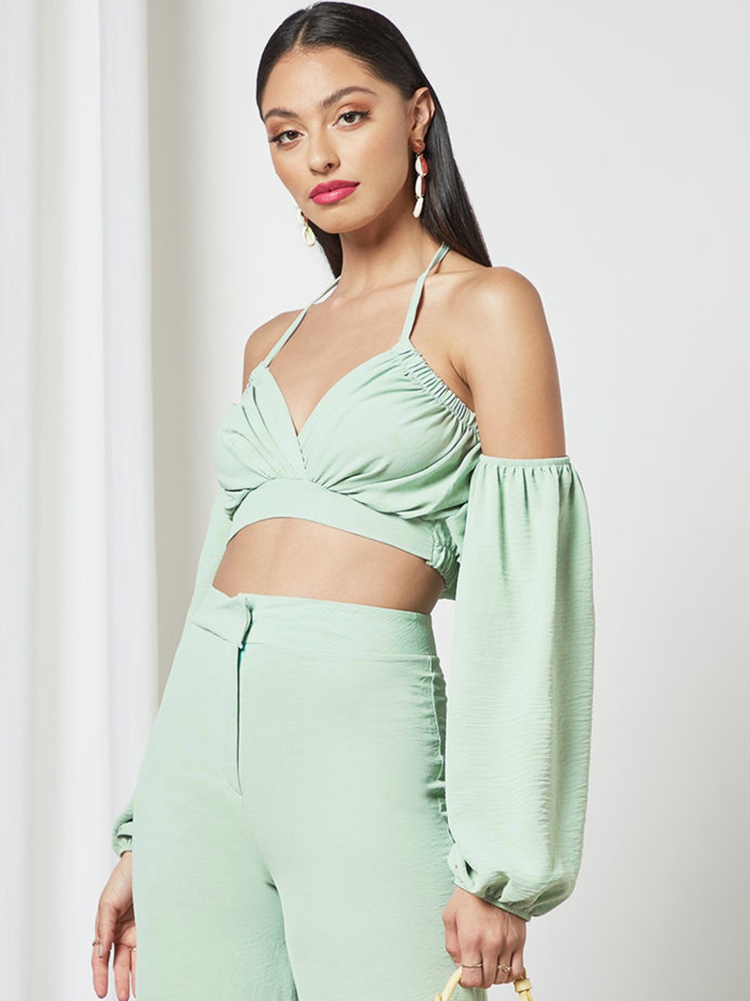 

Femme Luxe Women Green Halter Neck Crop Top