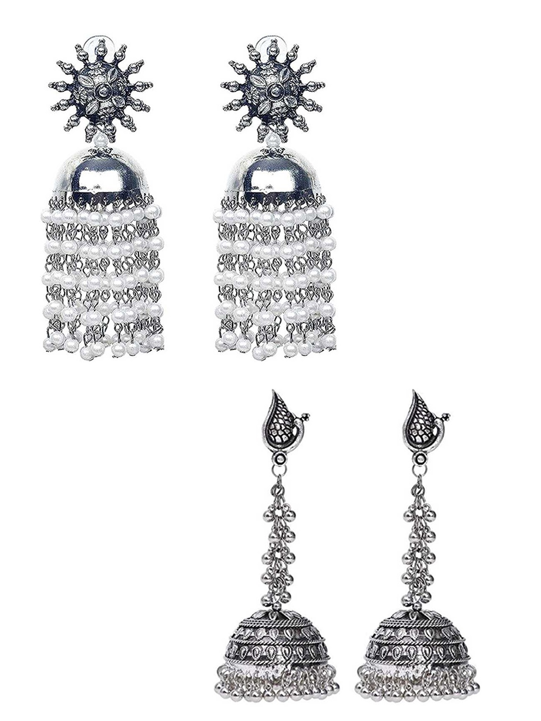 

Vembley Set of 2 Silver-Toned Dome Shaped Jhumkas Earrings