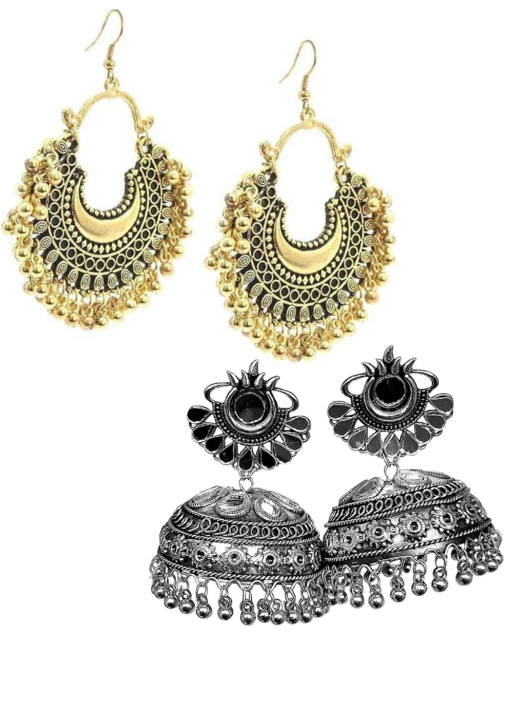 

Vembley Women Set Of 2 Gold-Toned & Silver-Toned Contemporary Jhumkas Earrings