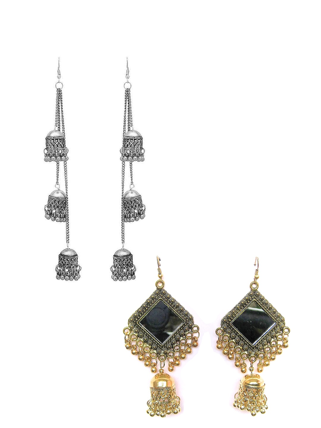 

Vembley Set Of 2 Silver-Plated Oxidised Contemporary Jhumkas Earrings