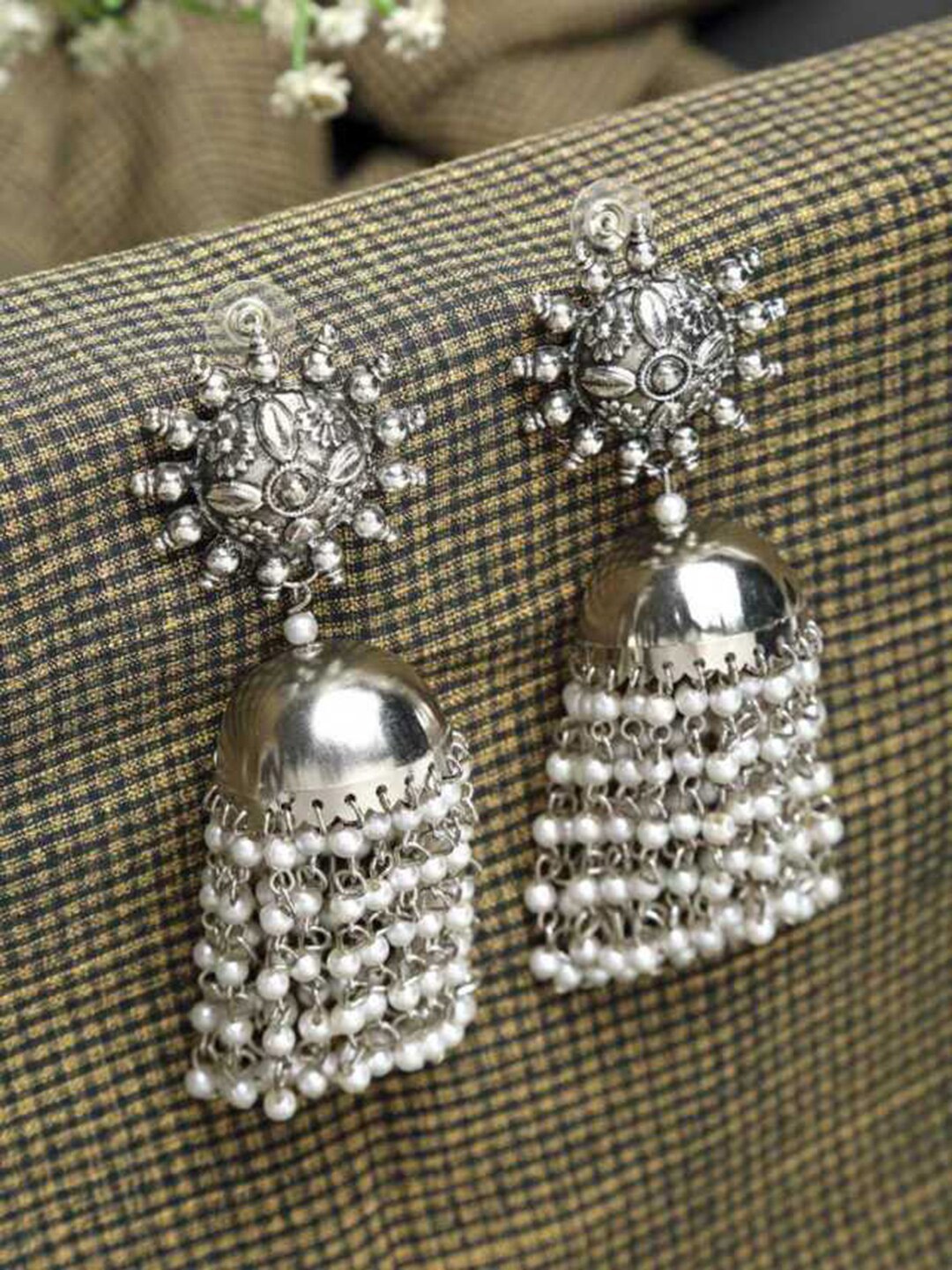 

Vembley Set Of 2 Silver-Toned Dome Shaped Jhumkas Earrings