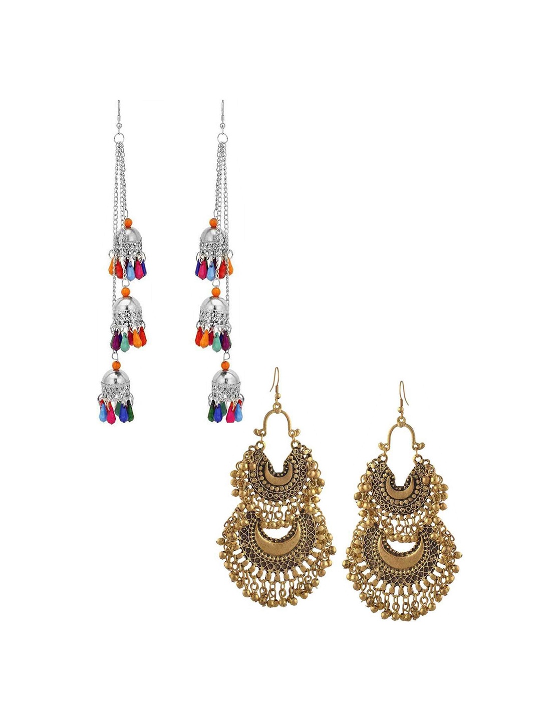 

Vembley Set Of 2 Silver-Toned & Gold-Toned Contemporary Chandbalis & Drop Earrings