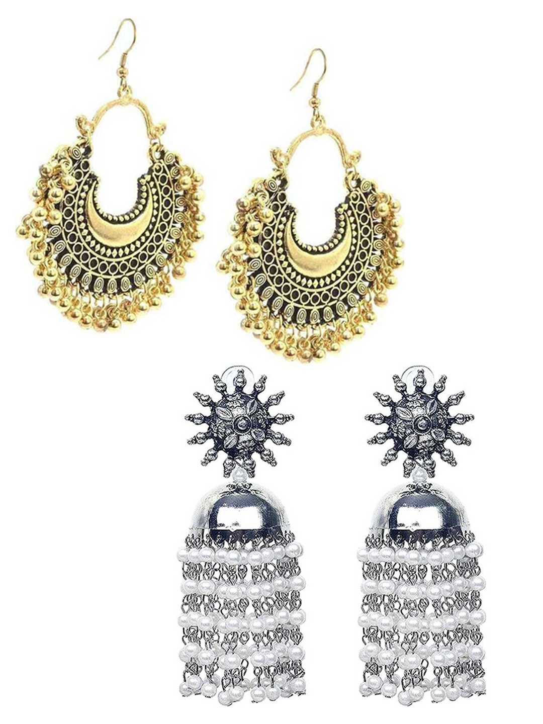 

Vembley Women Set Of 2 Silver-Toned & Gold-Toned Contemporary Chandbalis Earrings