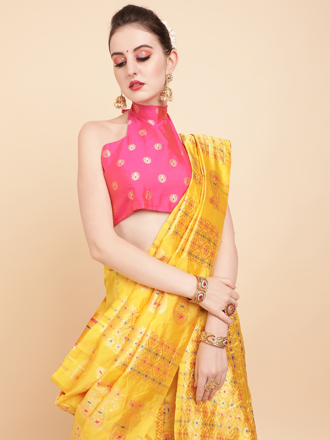 

Sangria Yellow & Pink Woven Design Zari Silk Blend Assamese Mekhela Chador