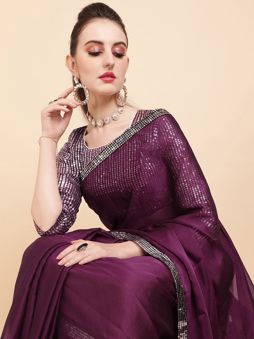 

Sangria Burgundy & Silver-Toned Silk Blend Saree with Ruffles