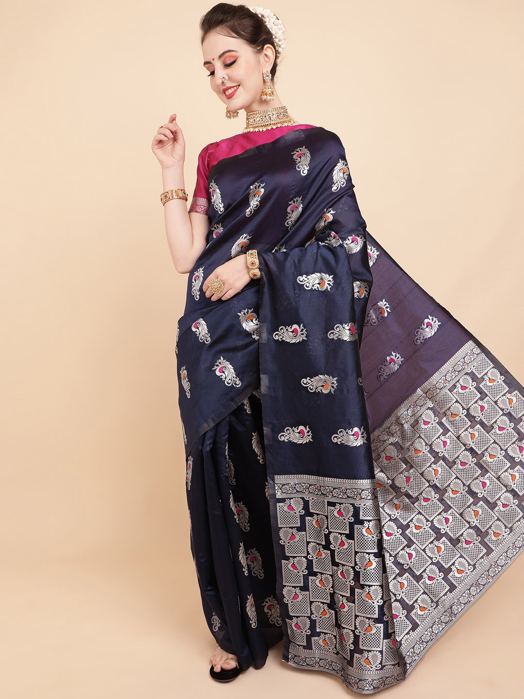 

Sangria Navy Blue & Silver-Toned Ethnic Motifs Zari Silk Blend Banarasi Saree