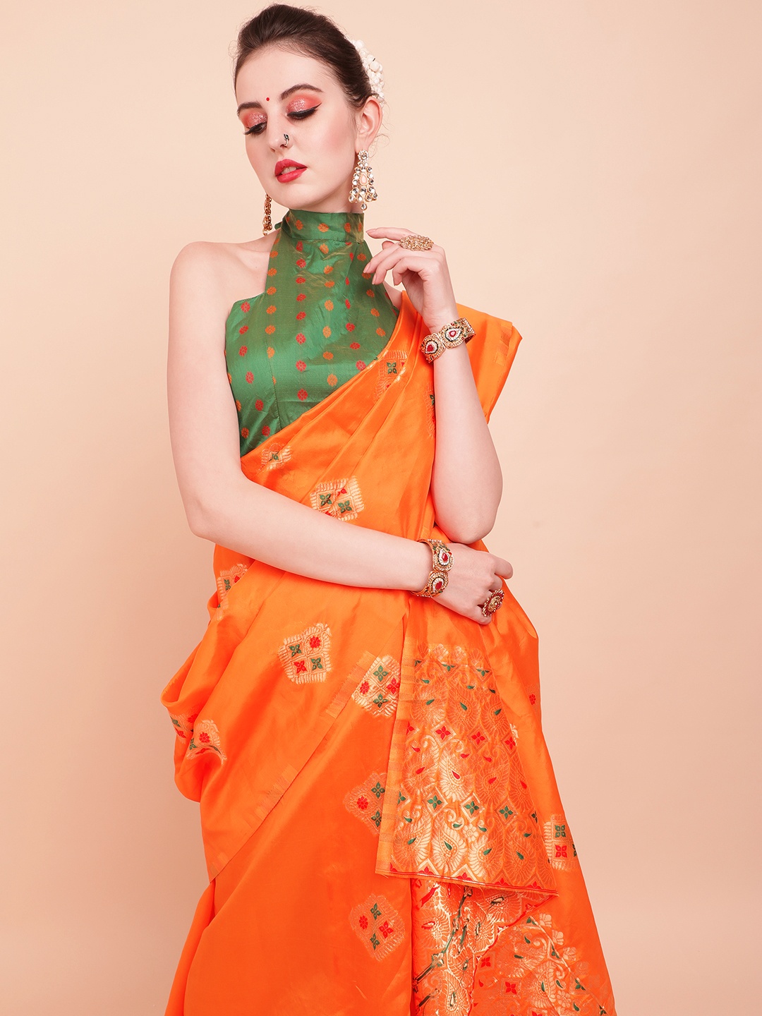

Sangria Orange & Green Woven Design Zari Silk Blend Assamese Mekhela Chador