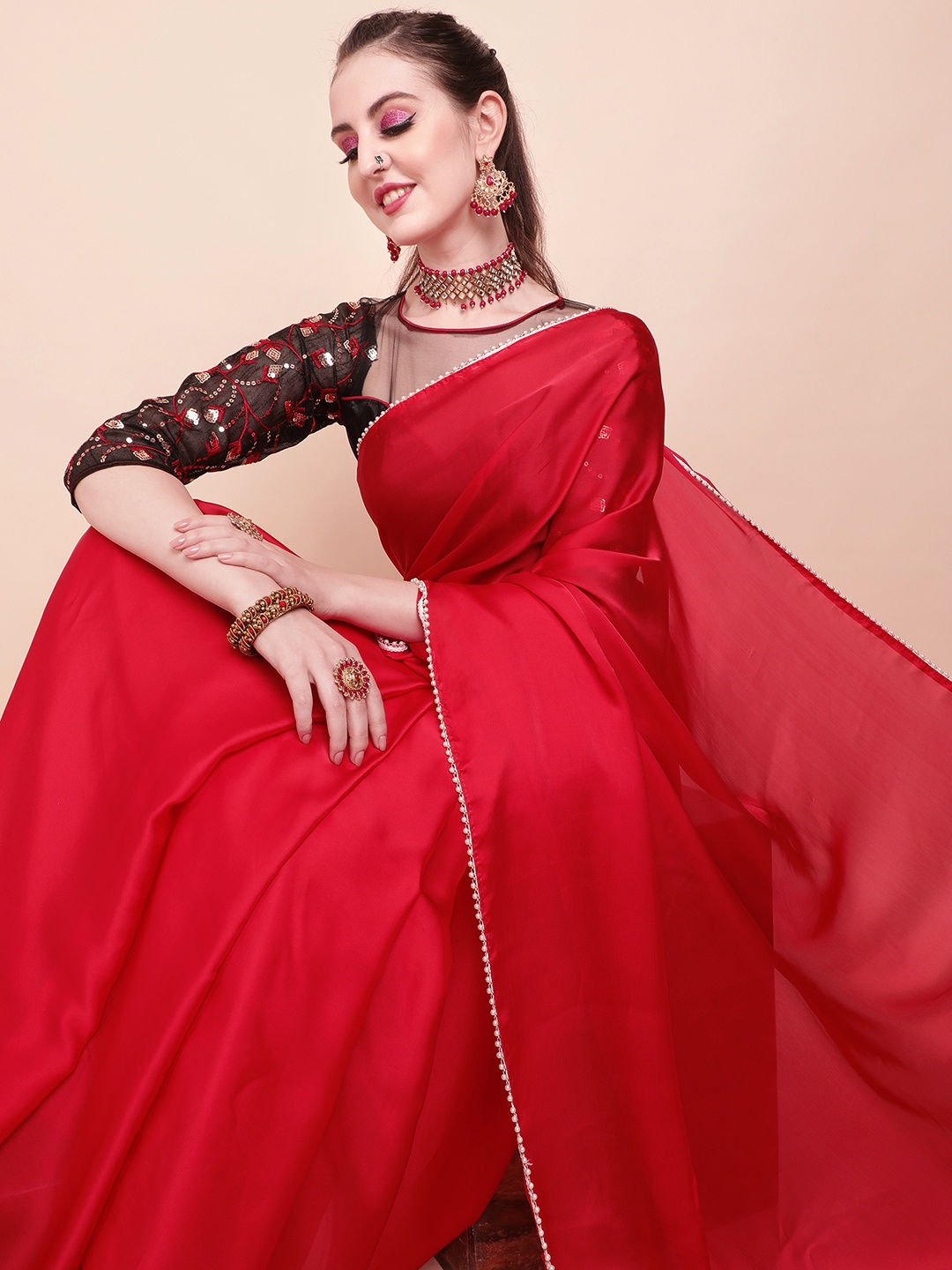 

Sangria Red Satin Solid Saree