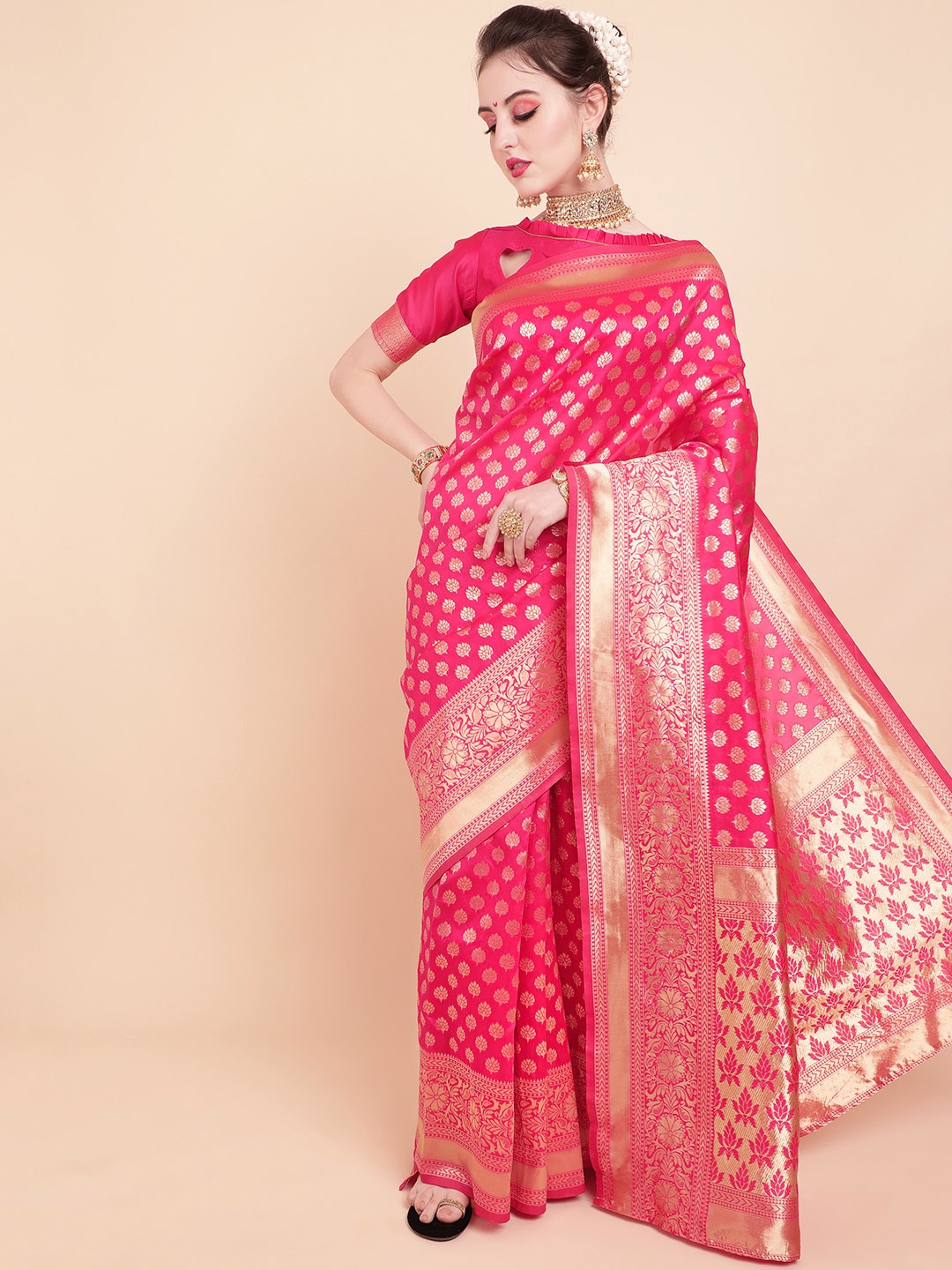 

Sangria Pink & Gold-Coloured Batik Zari Silk Blend Banarasi Saree