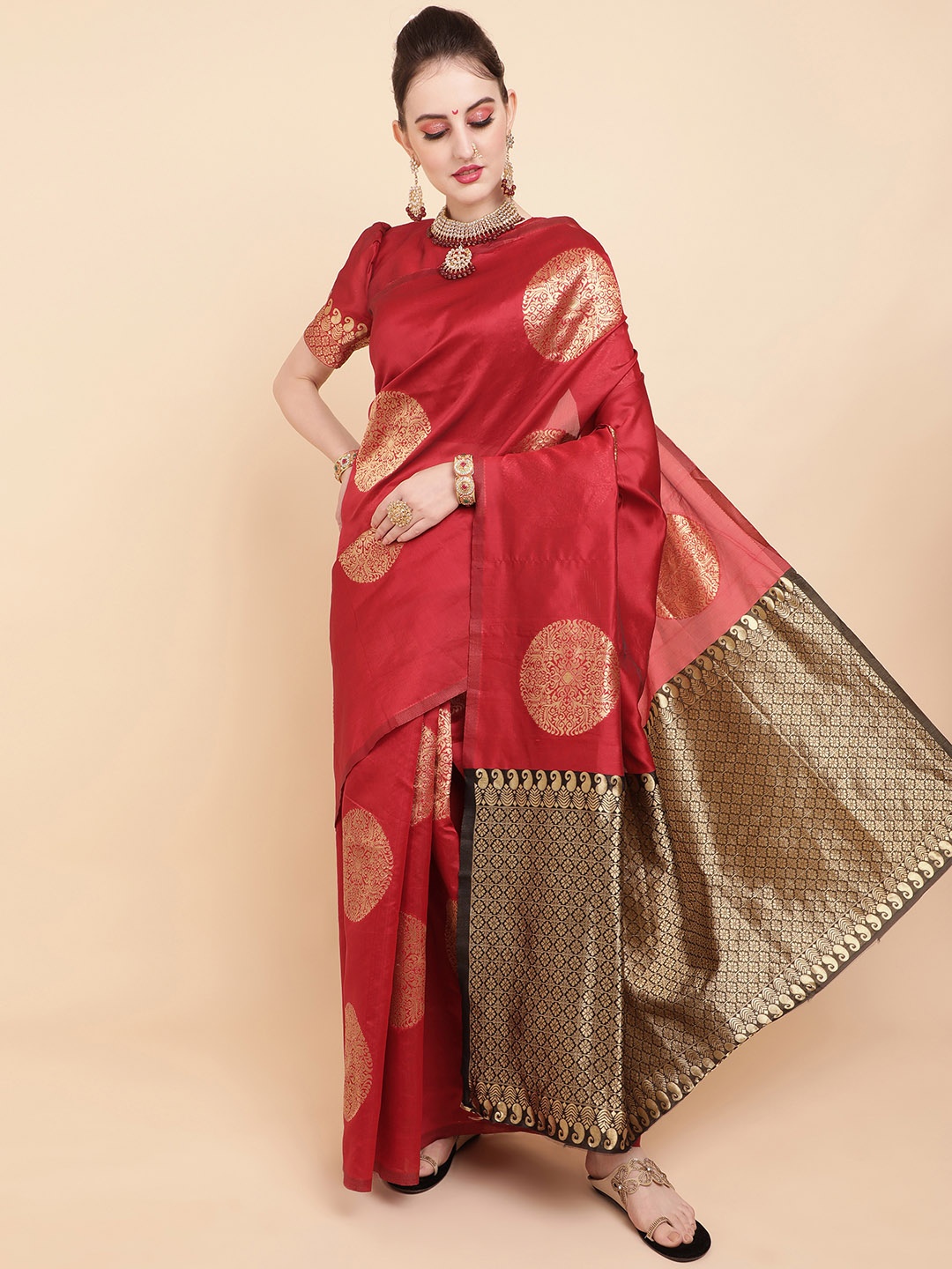 

Sangria Red & Gold-Toned Woven Design Silk Blend Banarasi Saree
