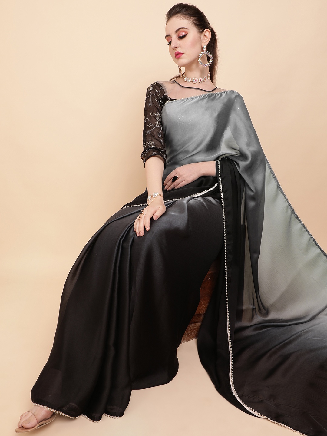 

Sangria Black Ombre Satin Saree