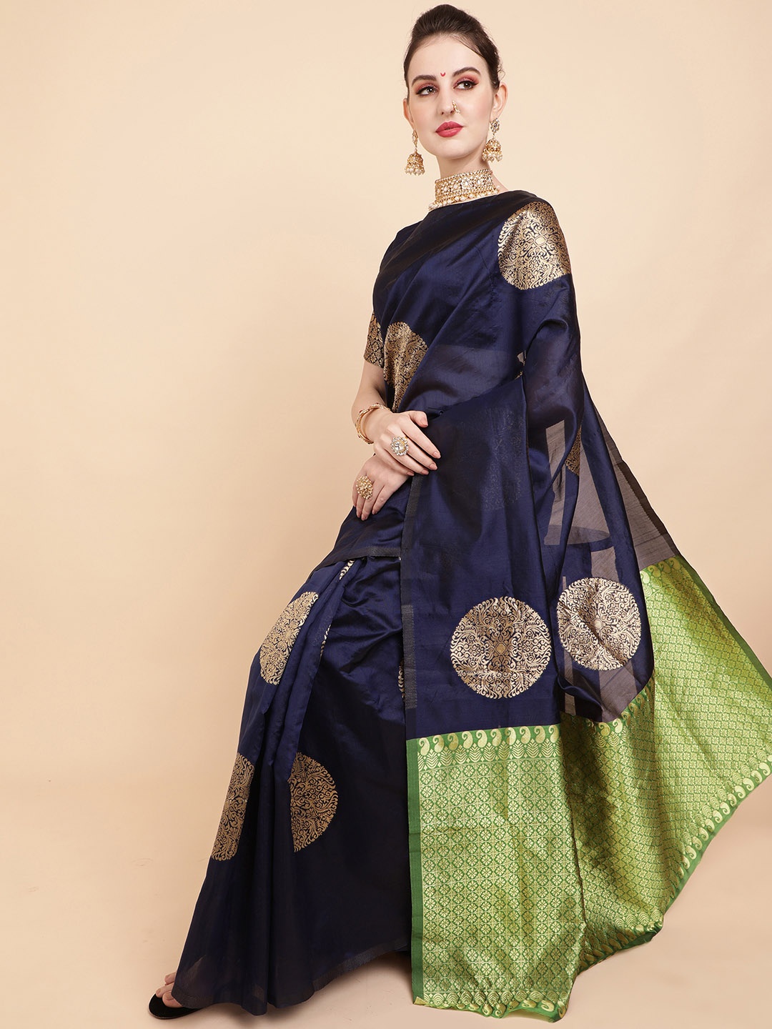 

Sangria Blue & Gold-Toned Woven Design Saree