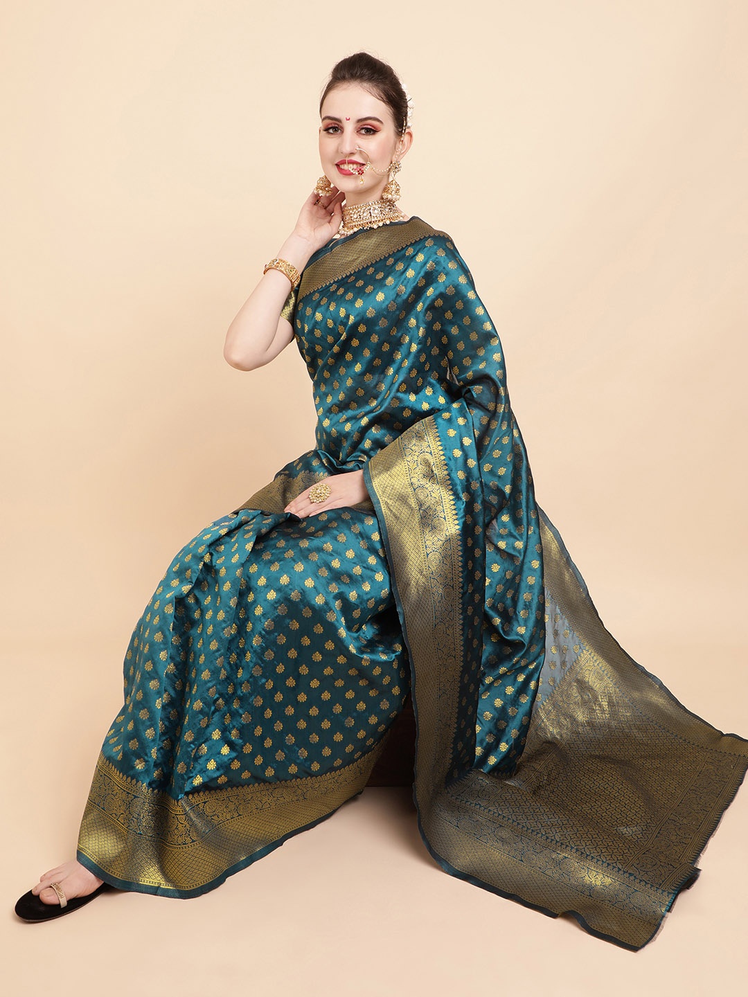 

Sangria Teal & Gold-Toned Woven Design Zari Silk Blend Banarasi Saree