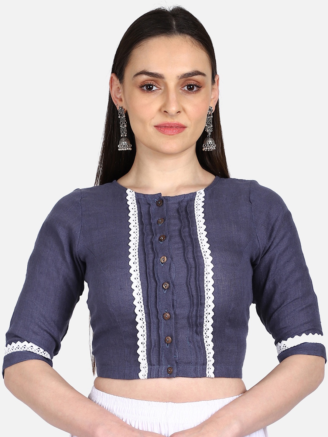 

THE WEAVE TRAVELLER Women Purple Printed Readymade Cotton Saree Blouse