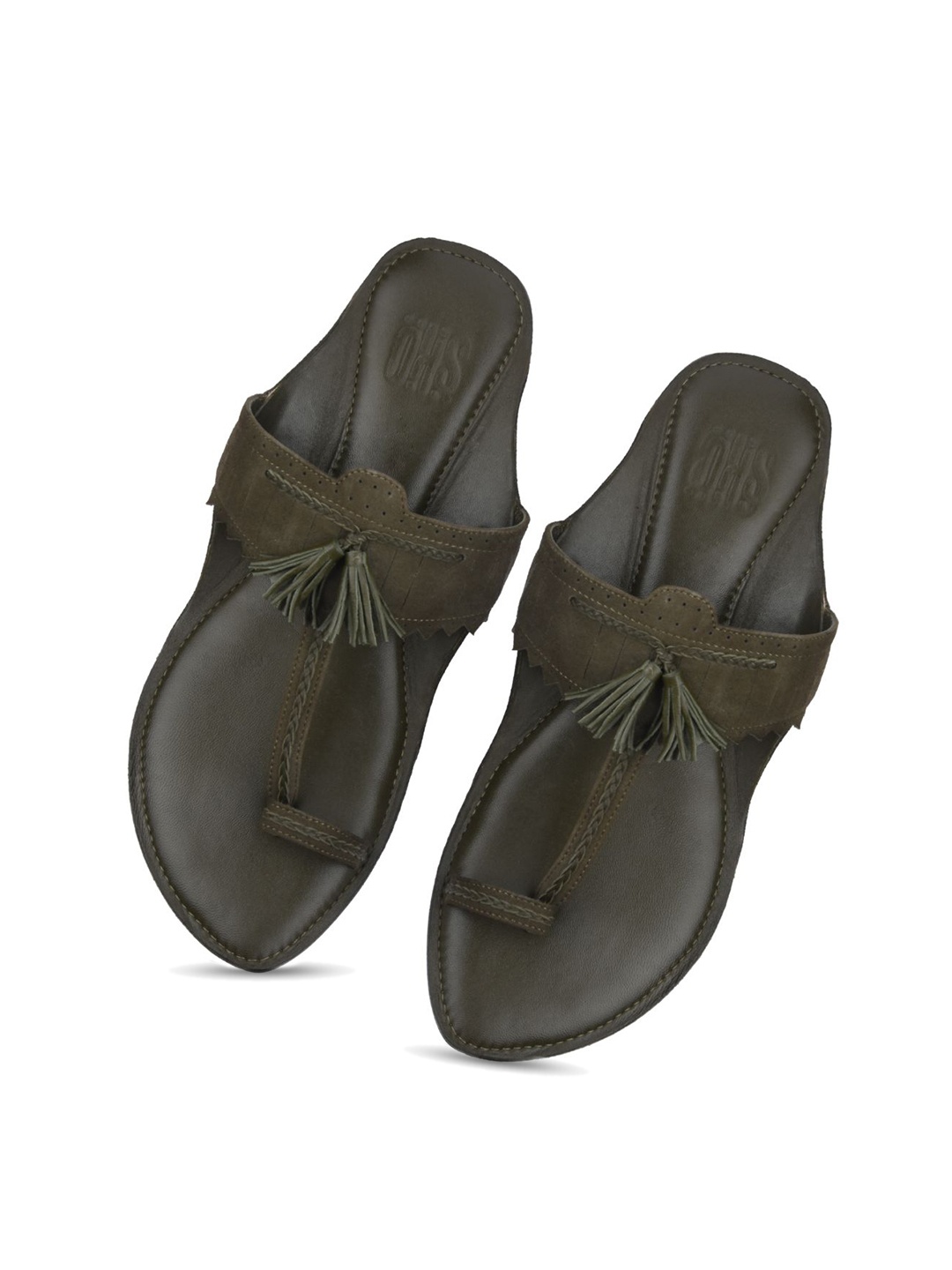 

SKO Men Olive Green Ethnic Leather Comfort Kolhapuri Sandals