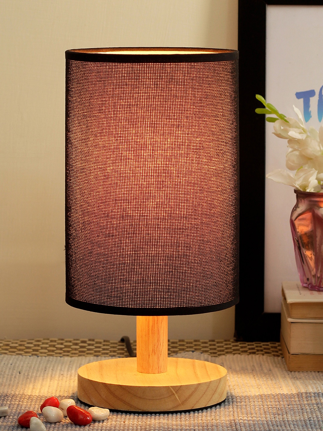 

TIED RIBBONS Black & Beige Solid Bedside Wooden Table Lamp