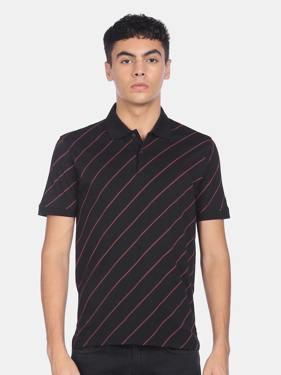 

Arrow Men Black Striped Polo Collar Cotton T-shirt