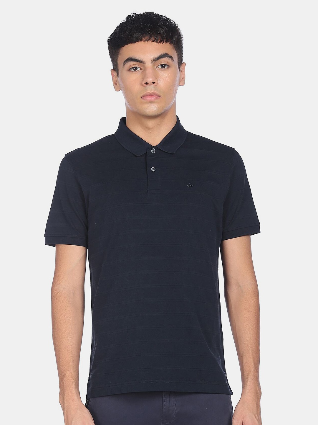 

Arrow Men Navy Blue Striped Polo Collar Pure Cotton T-shirt