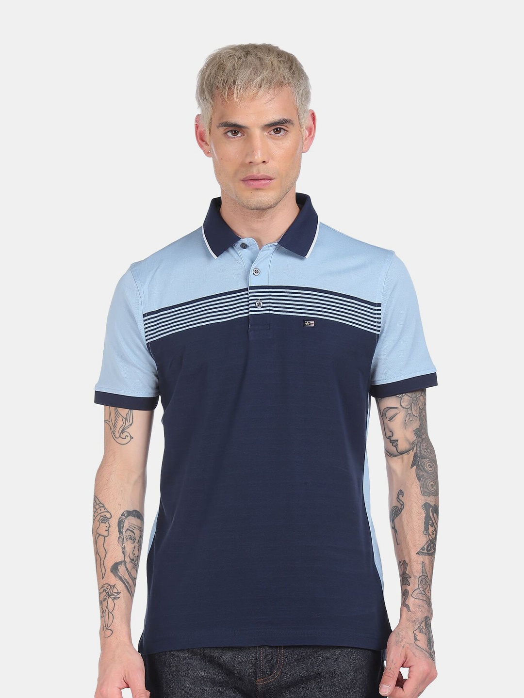 

Arrow Sport Men Blue Striped Polo Collar Cotton T-shirt