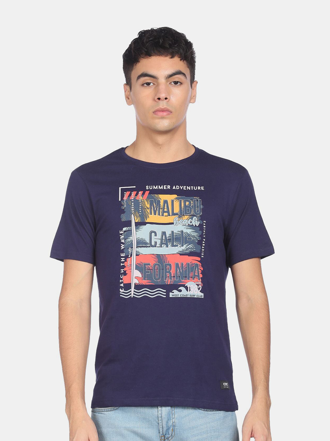 

Colt Men Blue & Coral Typography Printed Pure Cotton T-shirt