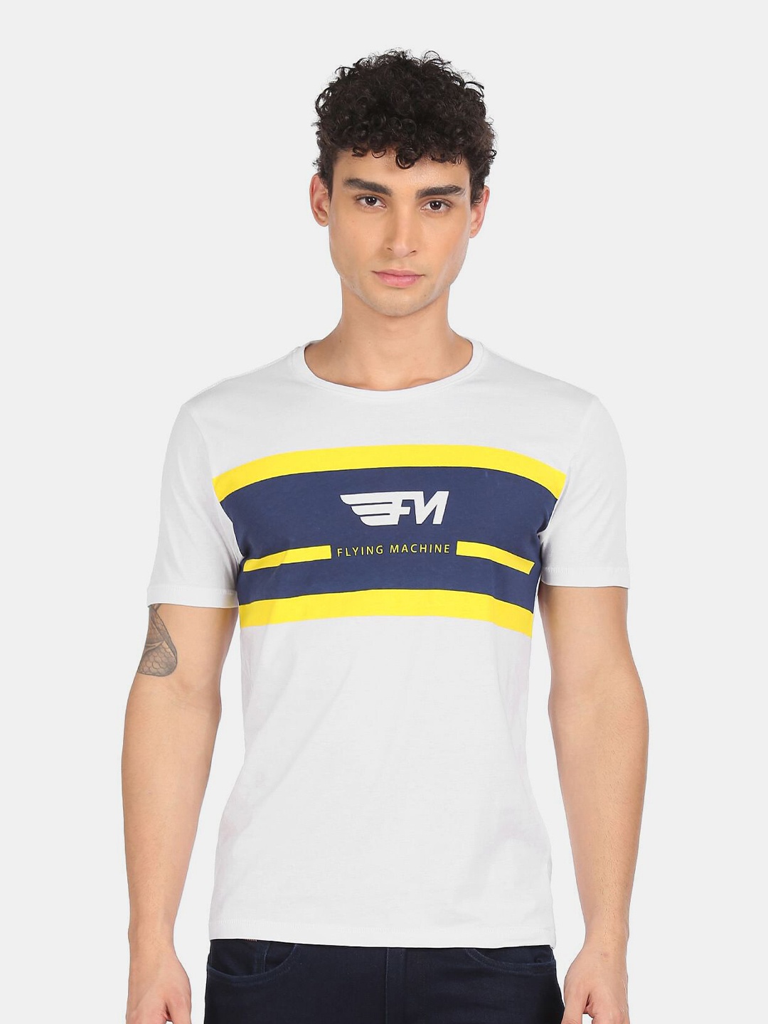 Flying Machine Men White & Blue Typography Printed Cotton T-shirt