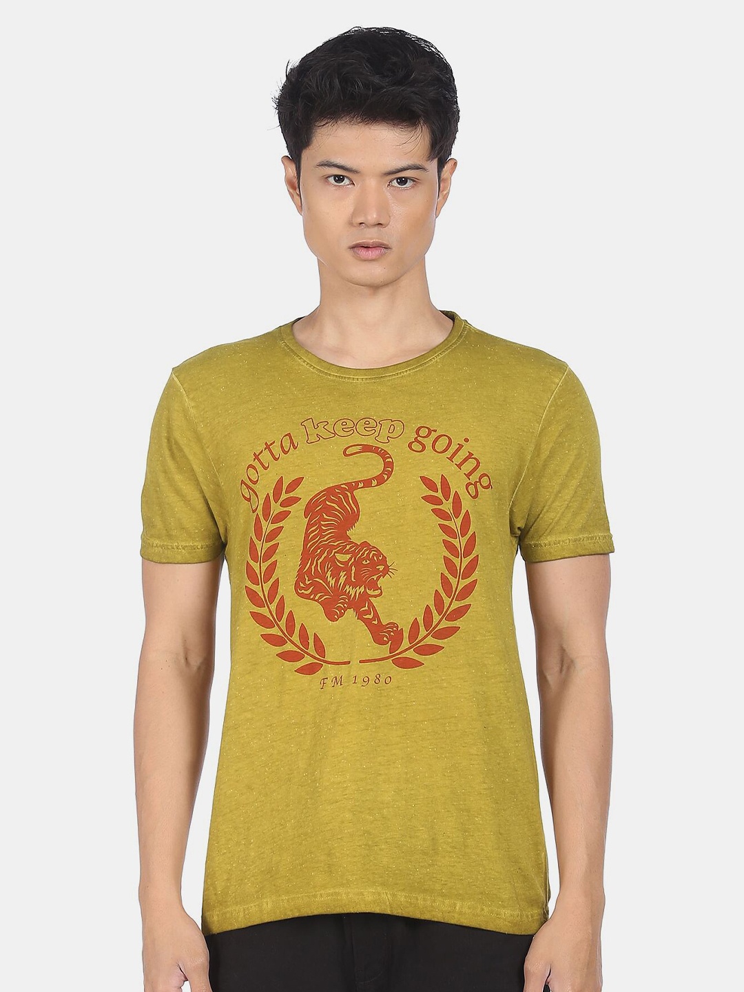 

Flying Machine Men Olive Green & Red Typography Printed T-shirt