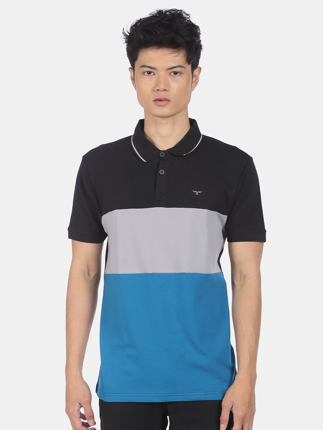 

Flying Machine Men Blue & Black Colourblocked Polo Collar T-shirt