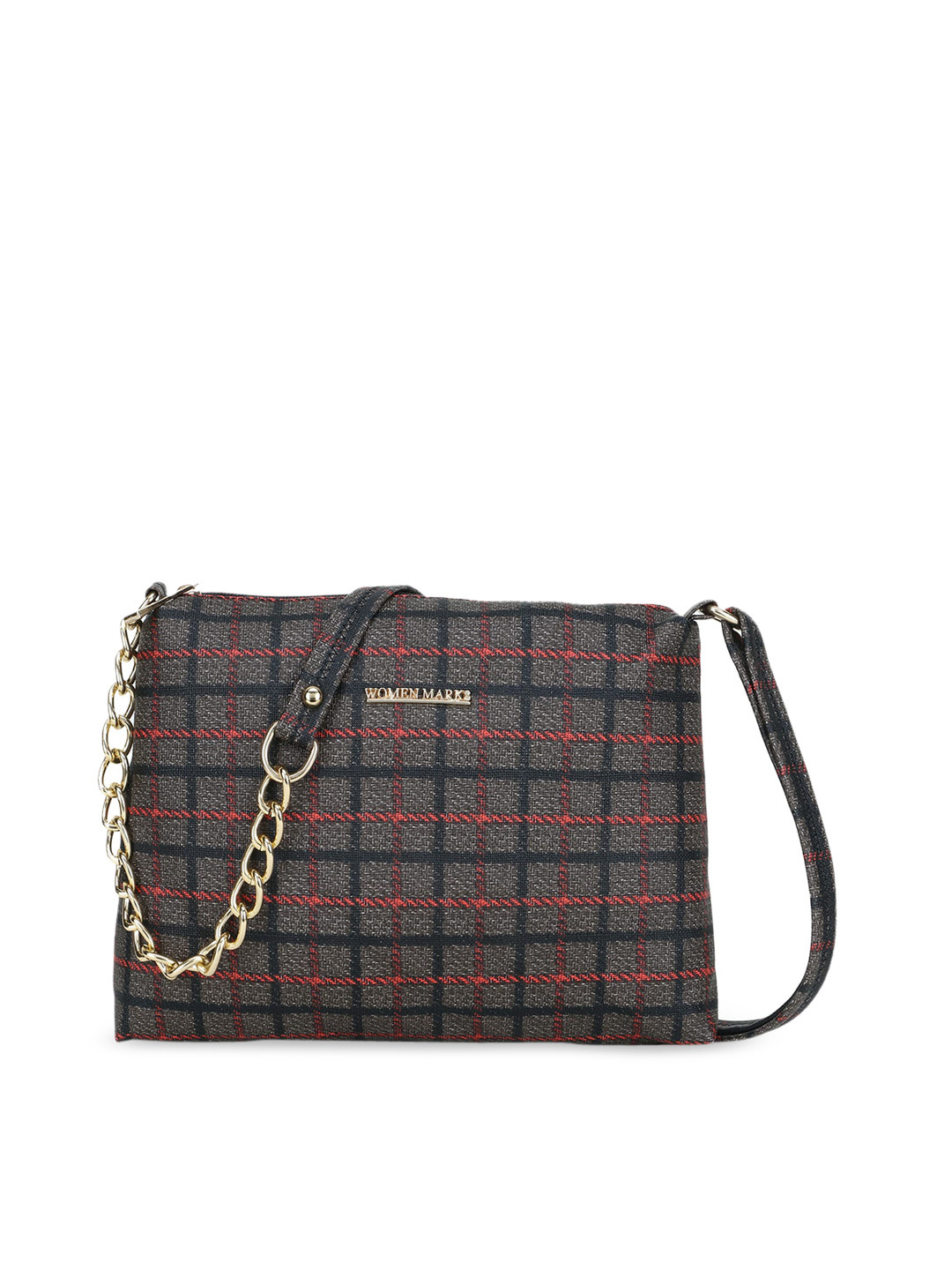 

WOMEN MARKS Grey Melange Checked PU Structured Sling Bag